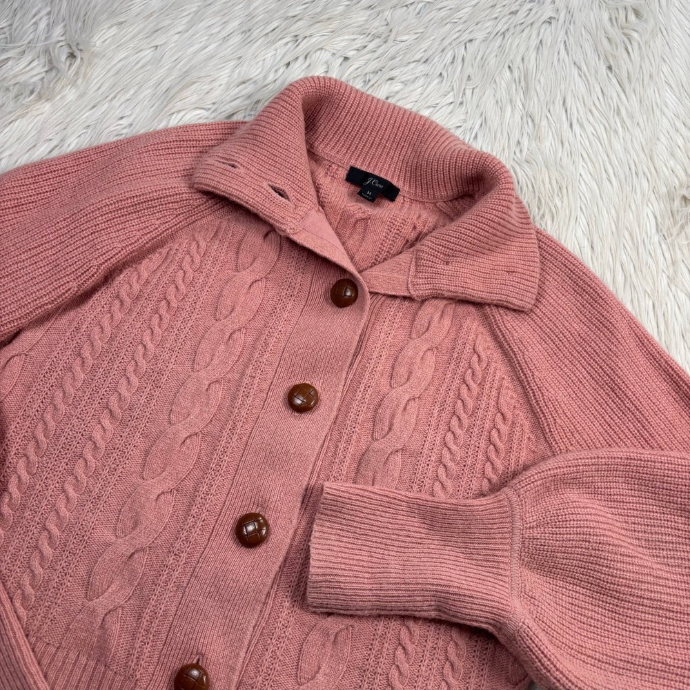 J.Crew Women's M Pink Balloon Sleeve Cable Knit Cardigan Cottagecore Preppy - Picture 2 of 5